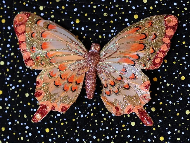 This is a close-up of a butterfly on a quilt made by Celia Weller of American Canyon. (Photo by Kathy Keatley Garvey)