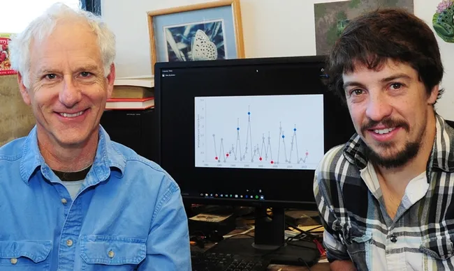UC Davis researchers Rick Karban (left) and his graduate student Eric LoPresti with their chart linking wooly bear caterpillars to U.S. Presidential elections. (Photo by Kathy Keatley Garvey)