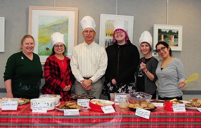 UC Davis Department of Entomology and Nematology cookie social! From left: account manager Guyla Yoak, contest coordinator; and winners Elvia Mayes, account manager; Steve Nadler, professor and chair of the department; Heather Baker, graduate student/mosquito researcher of the Shirley Luckhart lab; Stacey Rice, junior specialist of the Larry Godfrey lab; and Mimi Portilla, graduate student/mosquito researcher of the Sharon Lawler lab. (Photo by Kathy Keatley Garvey)