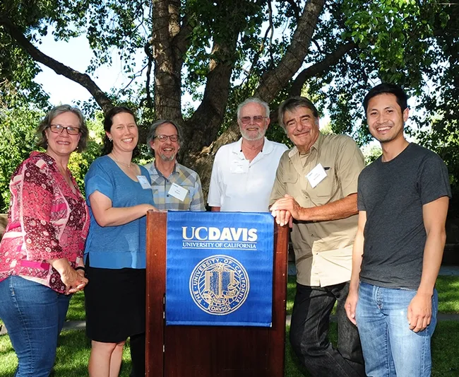 Bohart associates came out in force to honor Tabatha Yang, recipient of a Citation for Excellence. From left are Bohart associate Fran Keller of the Folsam Lake College faculty; Tabatha Yang; senior museum scientist Steve Heydon; and three Bohart associates Robbin Thorp, distinguished emeritus professor of entomology; naturalist and photographer Greg Kareofelas; and entomologist Tom Nguyen, who has just accepted a position at the Smithsonian. Not pictured: Lynn Kimsey, Bohart Museum director.