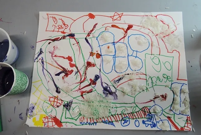 Close-up of maggot art by Neel Fulde, 7, of Davis. (Photo by Kathy Keatley Garvey)