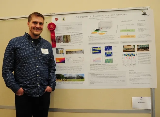 The second-place award of $750 in the Graduate Student Research Poster competition last year went to Jacob Peters, Harvard University, for his “Self-Organization of Collective Nest Ventilation by Honey Bees.” (Photo by Kathy Keatley Garvey)