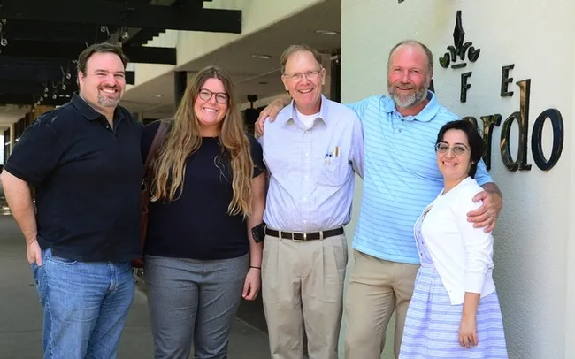 Brothers Craig and Lee Hazeltine recently honored Bill Hazeltine Research Award recipients Olivia Winokur and Maribel "Mimi" Portilla at a luncheon. UC Davis medical entomologist Geoffrey Attardo, assistant professor, Department of Entomology and Nematology, joined them. From left are Geoffrey Attardo, Craig Hazeltine, Lee Hazeltine and Maribel Portilla. (Photo by Kathy Keatley Garvey)