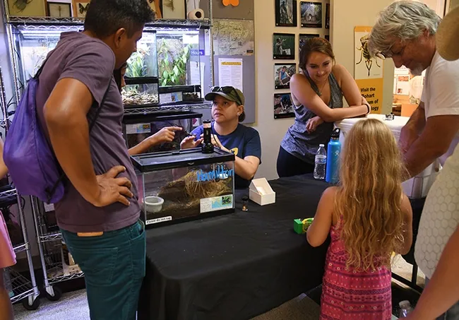 UC Davis students Karissa Merritt (center) and Sara Guevara-Plunkett staffed the live "petting zoo." (Photo by Kathy Keatley Garvey)
