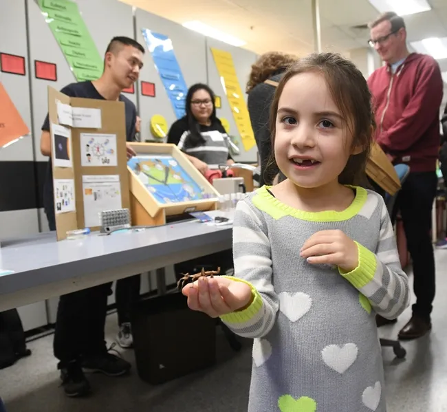 Kira Olmos smiles as she holds a smaller stick insect at the Bohart Museum. In back are UC Davis student fly researchers Yao Cai, graduate student, and Cindy Truong, undergraduate student, of the Joanna Chiu lab. (Photo by Kathy Keatley Garvey)