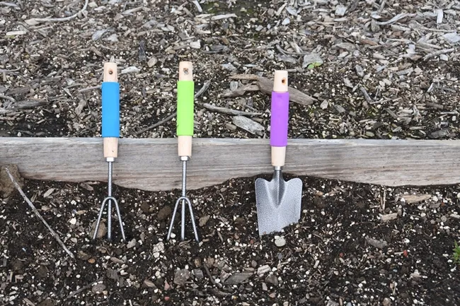 Gardening tools for youngsters at the UC Davis Häagen-Dazs Honey Bee Haven, located on Bee Biology Road, west of the central campus. A Junior Bee Gardeners' Day is set from 9 a.m. to 10:30 a.m. on Saturday, March 30. (Photo by Kathy Keatley Garvey)