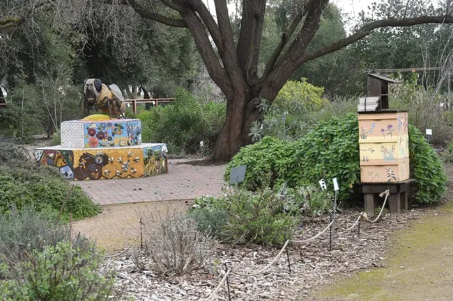A six-foot-long ceramic and mosaic sculpture, "Miss Bee Haven," anchors the Häagen-Dazs Honey Bee Haven. It is the work of self-described "rock artist" Donna Billick of Davis. (Photo by Kathy Keatley Garvey)
