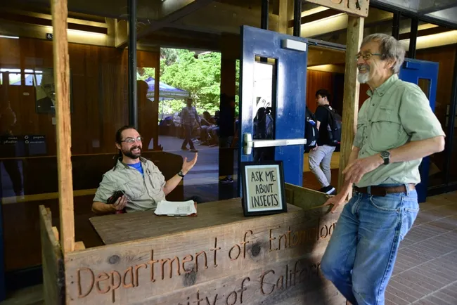 Doctoral candidate Brendon Boudinot shares a laugh with his major professor and ant specialist Phil Ward. (Photo by Kathy Keatley Garvey)