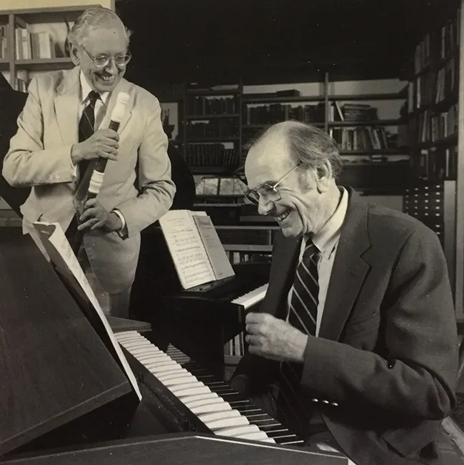 Cornell University chemical ecologists and friends Tom Eisner (1929-2011) playing the piano and Jerry Meinwald (1927-2018) playing the flute. (Cornell University Photo)