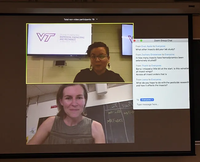 A question-and-answer session followed Mary Salcedo's presentation. This shows an image of Salcedo (top) and seminar coordinator Rachel Vannette. (Photo by Kathy Keatley Garvey)