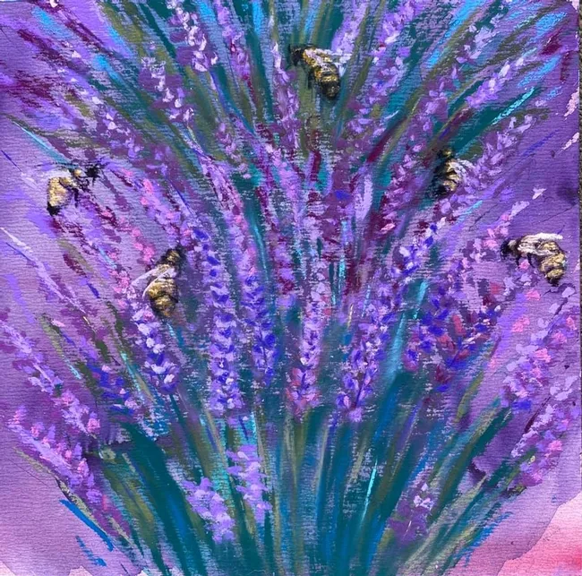 Artist Lisa Rico painted this photo of lavender and bees for the Vacaville Fire Art Project she founded. It's titled "Making Honey" and was purchased by Andrea Hofmann-Miller. Among fire victims were beekeepers and Girl on the Hill Boutique Vineyard and Lavender.