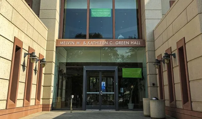 Photographic illustration shows the Life Science Building's new name as it will appear above the doors. (UC Davis illustration)