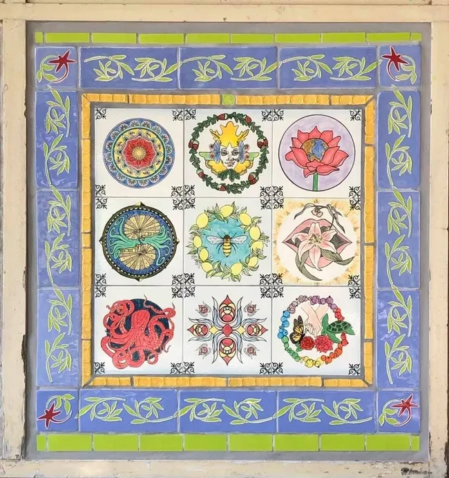 This is the mural newly installed in the hallway of the the UC Davis Environmental Horticulture Building. The tiles are the work of top (from left) Heewon Shin, Diane Ullman, and Mai Xiong; center (from left) Jason Hu, Emma Stone, and Analiese Ignacio, and bottom (from left) Anushka Vispute, Gale Okumura, and Leslie Briceno-Marquez.