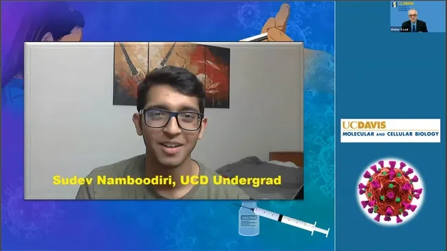 UC Davis undergraduate student Sudev Namboodiri asks a question at the UC Davis COVID-19 Symposium.