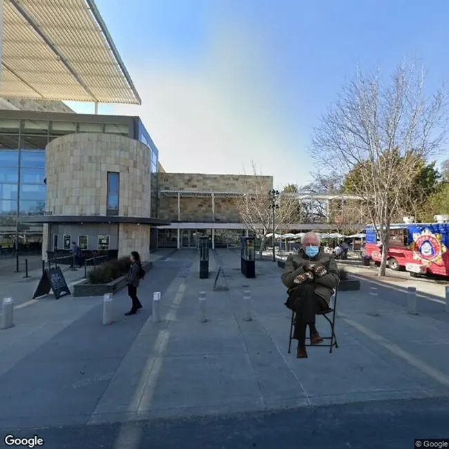 Bernie Sanders in front of the Robert and Margrit Mondavi Center for the Performing Arts, UC Davis campus.
