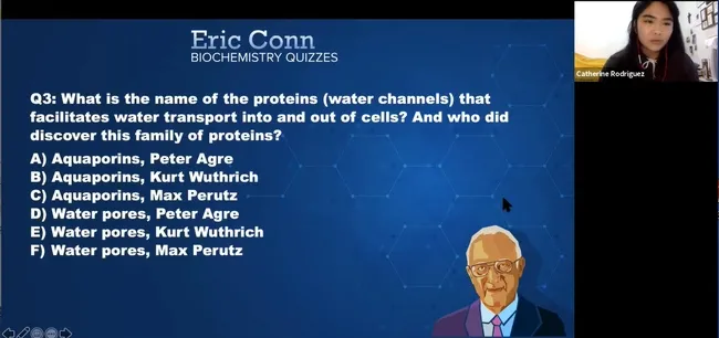 Catherine Rodriguez of the winning Ironic Bonds team answers a question about Peter Agre. (Screen shot)