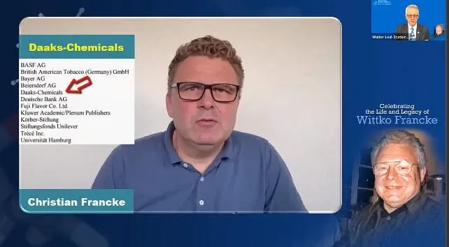 Christian Francke, the oldest of Wittko and Heidi's two sons, reveals that his father secretly donated much-needed sponsor funds to an International Society of Chemical Ecology convention using a phony business name, Daaks-Chemical Fund. (Screenshot)