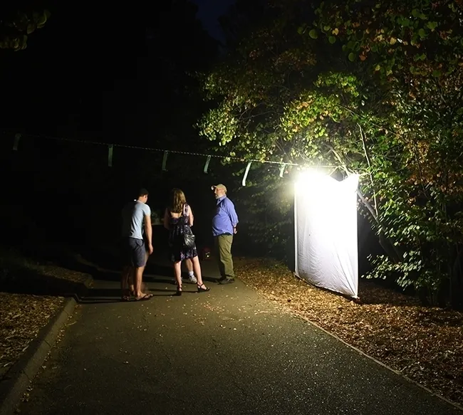 John "Moth Man" De Benedictus (far right) shows visitors the blacklighting system at a Bohart Museum Moth Night. (Photo by Kathy Keatley Garvey)