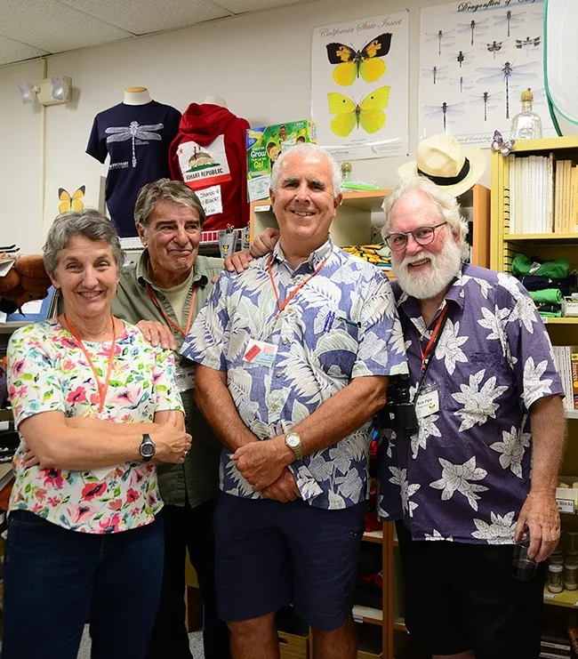 Robert Michael Pyle (far right) at the Bohart Museum of Entomology. From left are Lynn Kimsey, director of the Bohart Museum and UC Davis distinguished professor of entomology; Bohart associate Greg Kareofelas and entomologist Jeff Smith, curator of the lepidoptera collection. (Photo by Kathy Keatley Garvey)