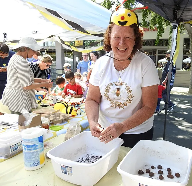 CAMBP member Angie Nowicki of Rohnert Park kept busy crafting wildflower seed balls. (Photo by Kathy Keatley Garvey)