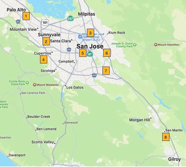 Map showing locations of Demonstration Gardens listed below