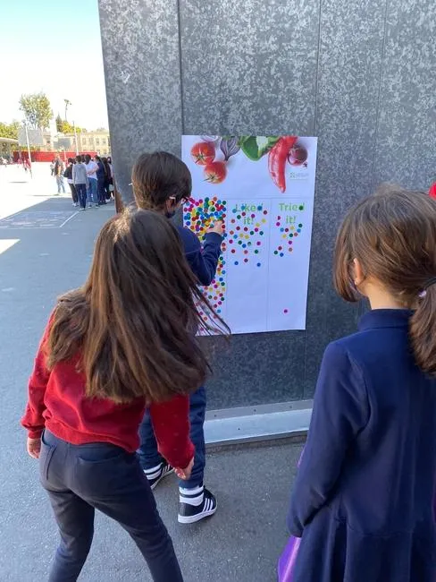 Three students face away from the camera towards a wall with a poster. The poster has images of vegetables, and students place colorful circle stickers in columns under the images for 