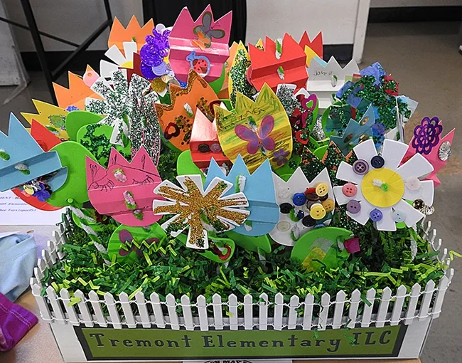 Students at the Tremont Elementary School, Dixon, created this "Spring Has Sprung" basket of flowers and pollinators as their entry in the Dixon May Fair, May 11-14. (Photo by Kathy Keatley Garvey)
