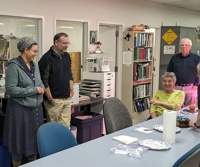 Professor (and now retiree) Lynn Kimsey (seated), former director of the Bohart Museum of Entomology, is honored at a birthday celebration on Feb. 1. With her from left are doctoral student Iris Quayle of the Bond lab; Professor Jason Bond, newly selected director of the Bohart Museum; and entomology researcher Tom Zavortink of the Bohart. (Photo by Tabatha Yang)