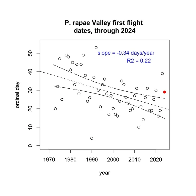 A statistics chart of the first flight of the cabbage white butterfly, a work created by Matthew Forister of the University of Nevada. He collaborates with his former professor, Art Shapiro, UC Davis distinguished professor emeritus.