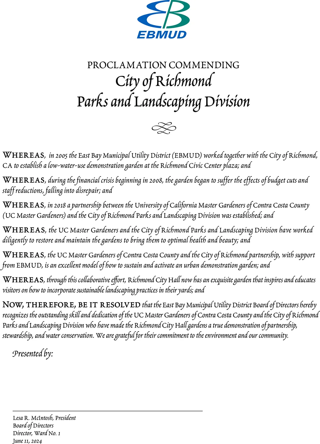 2024 Proc from EBMUD to Parks and Landscaping - Civic Center Garden-res150