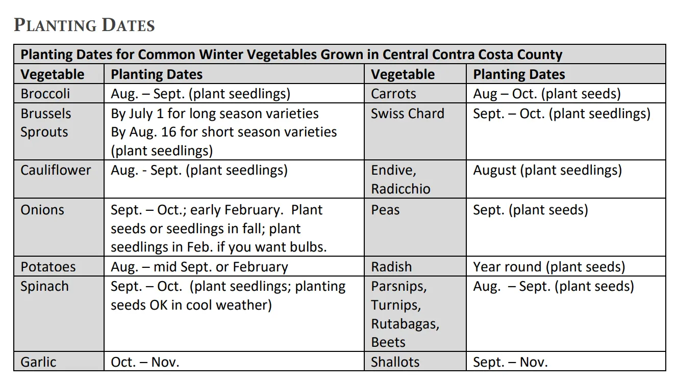 Planting Dates for Winter Vegetables UCANR