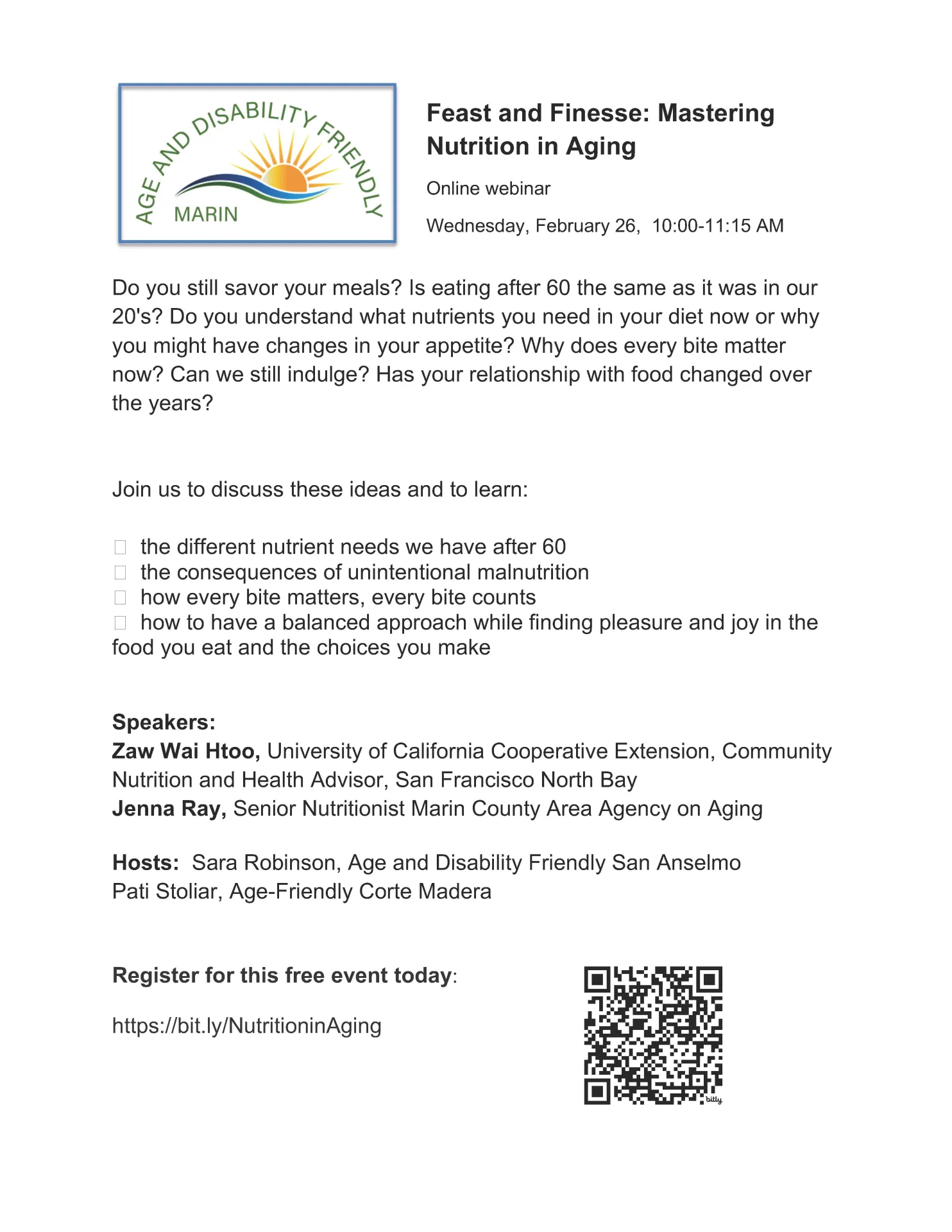 Feast and Finesse- Mastering Nutrition in Aging - Online Webinar, Feb 26, 2025 at 10 AM PT