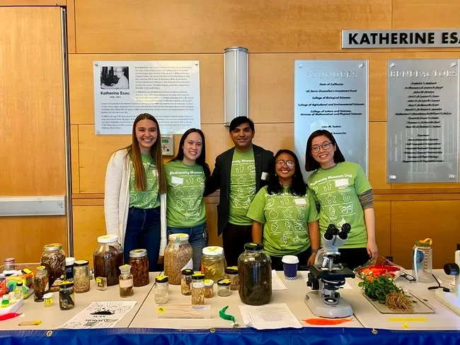 This crew, shown here with nematology faculty member Shahid Siddique, staffed the nematology collection at the 12th annual UC Davis Biodiversity Museum Day. With him (from left) were then doctoral students Alison Coomer (now Blundell), Veronica Casey, Pallavi Shakya and Ching-Jung Lin.