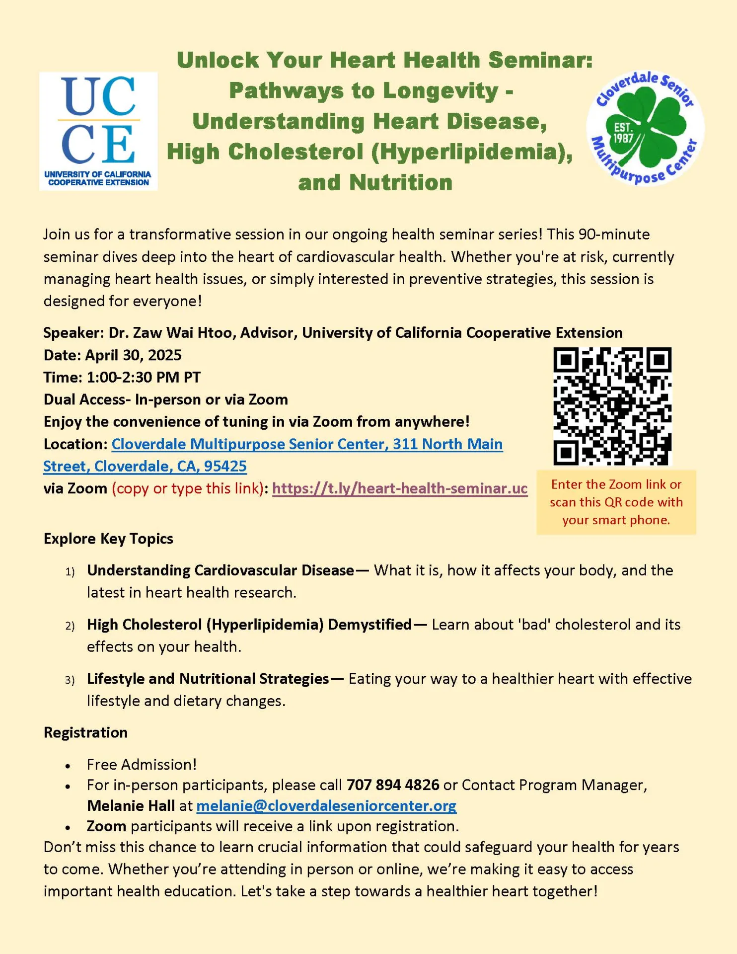 Heart Health Seminar on April 30, 2025 1pm (in-person or via Zoom)