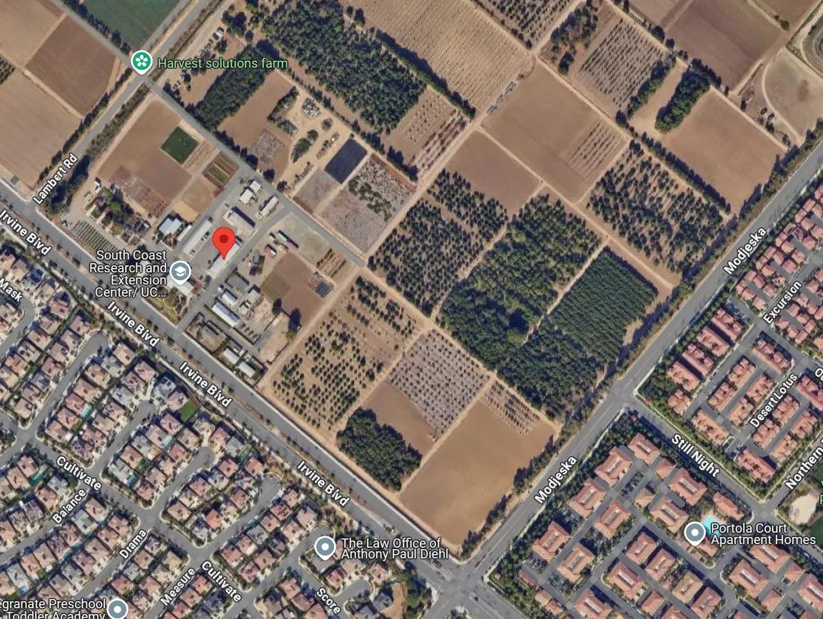 Google Maps View of South Coast Research and Extension Center at 7601 Irvine Boulevard in Irvine, California