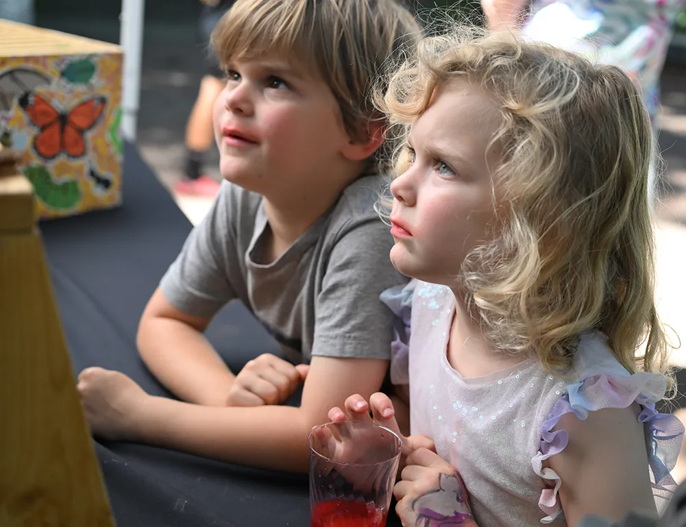 Noah Thurstsaon, 6, and his sister Evie, 4, look for the queen bee in the observation hive. (Photo by Kathy Keatley Garvey)