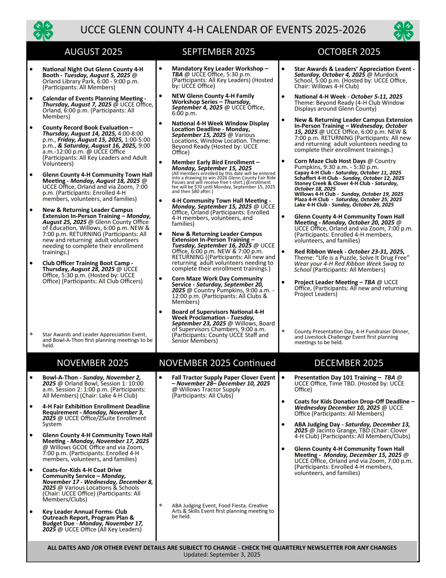 Glenn County 4-H 2025-2026 Calendar of Events - as of 9.3.2025 - Page 1