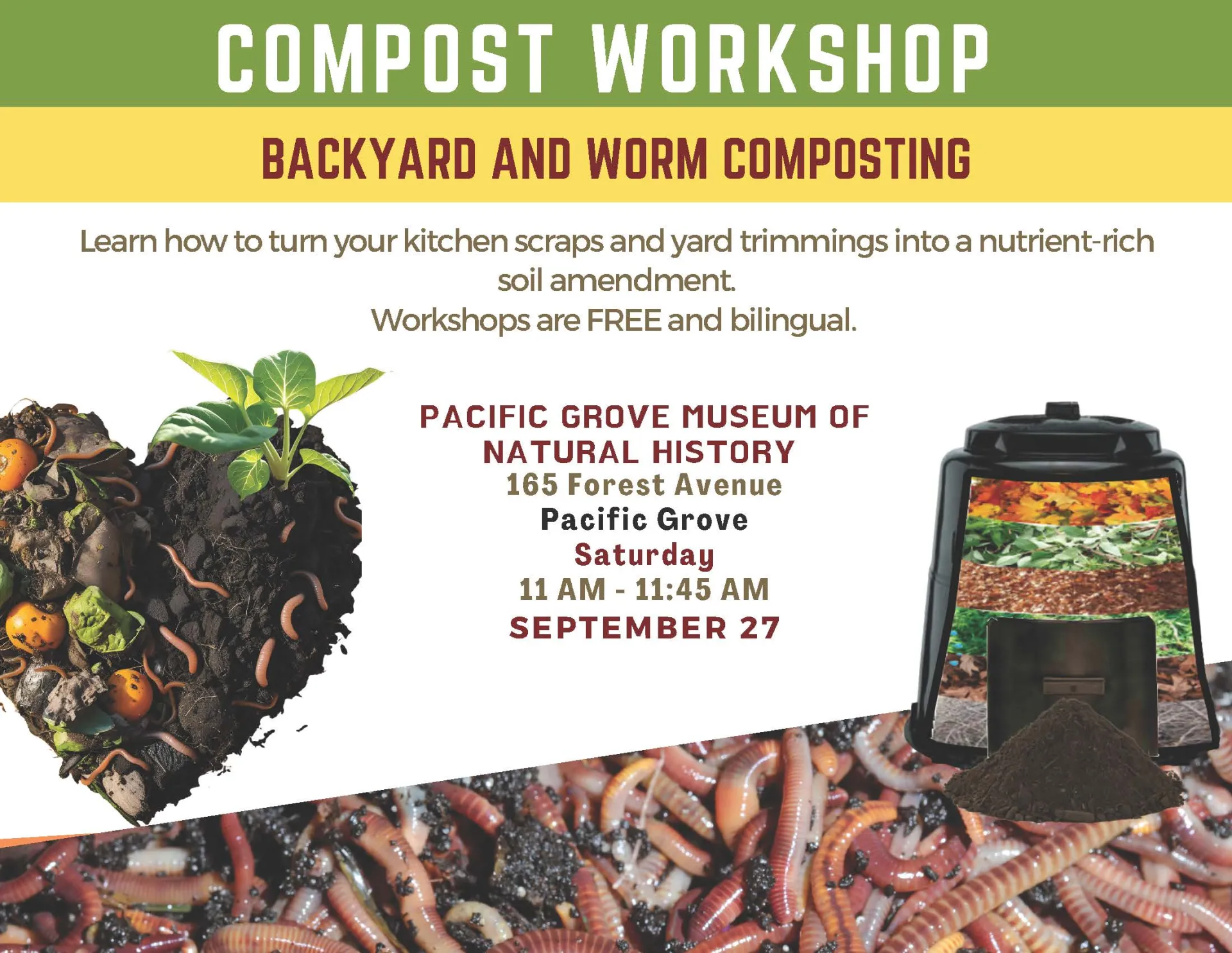 Flyer for Composting workshop at Pacific Grove Museum 