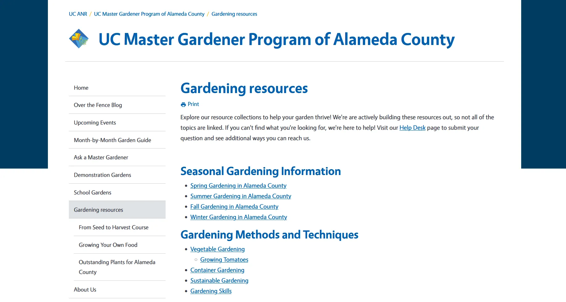 Screenshot of the Gardening Resources page on the website of the UC Master Gardeners of Alameda County
