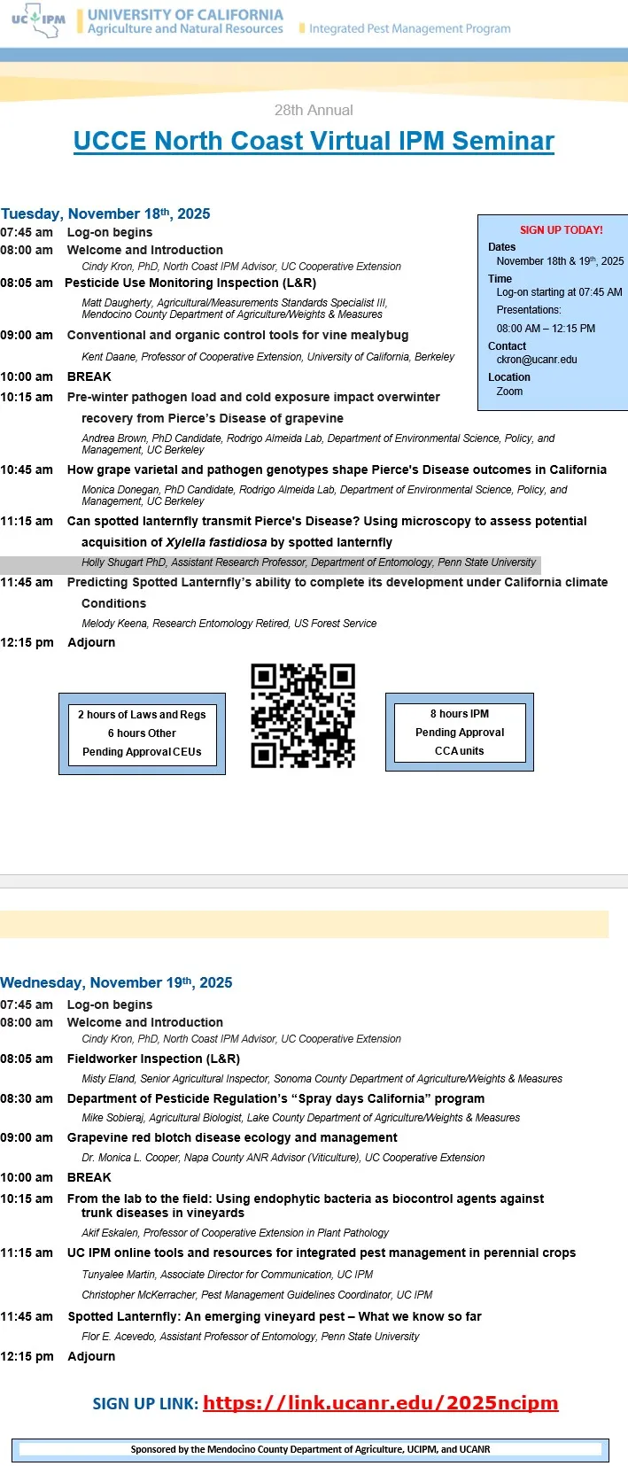 Agenda for UCCE Sonoma 2025 North Coast Virtual IPM Seminar