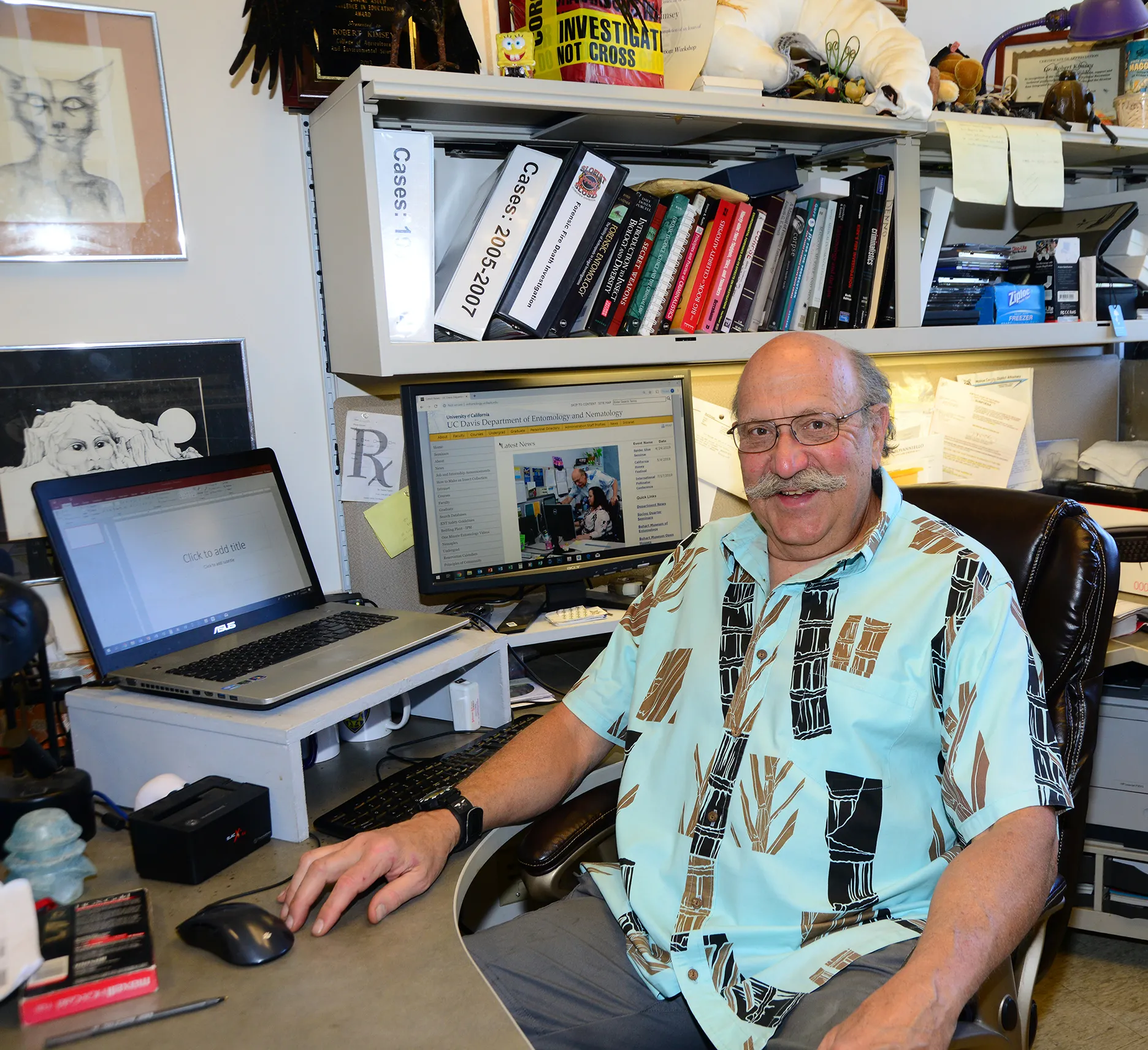 Forensic entomologist Bob Kimsey in his habitat in Briggs Hall.