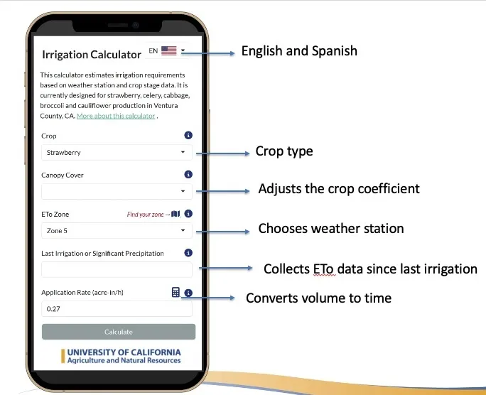 View of the irrigation calculator on a smartphone