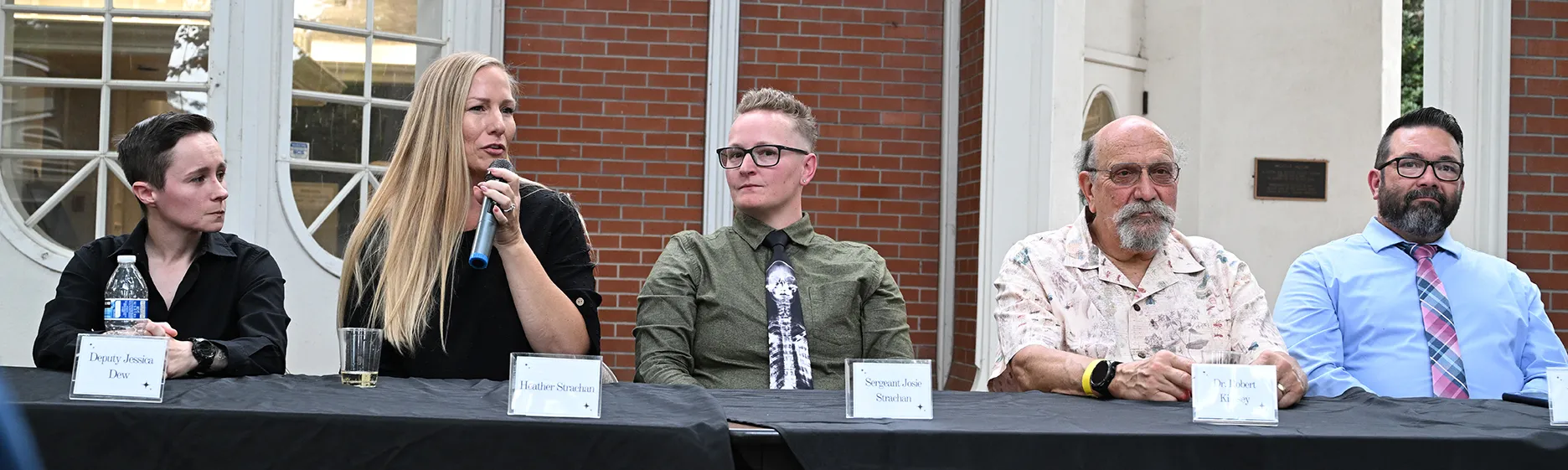 Deputy Jessica Dew, coroner investigator, Solano County Coroner's Office; Heather Strachan, general manager, Vacaville-Elmira Cemetery District; Sgt. Jose Strachan, Sgt. Josie Strachan, chief deputy coroner at Nevada County Sheriff’s/Coroner’s Office; Dr. Robert Kimsey and Vince Stone, Vince Stone, managing funeral director at McCune Garden Chapel, Vacaville, and Milton Carpenter Funeral Home, Dixon. (Photo by Kathy Keatley Garvey)