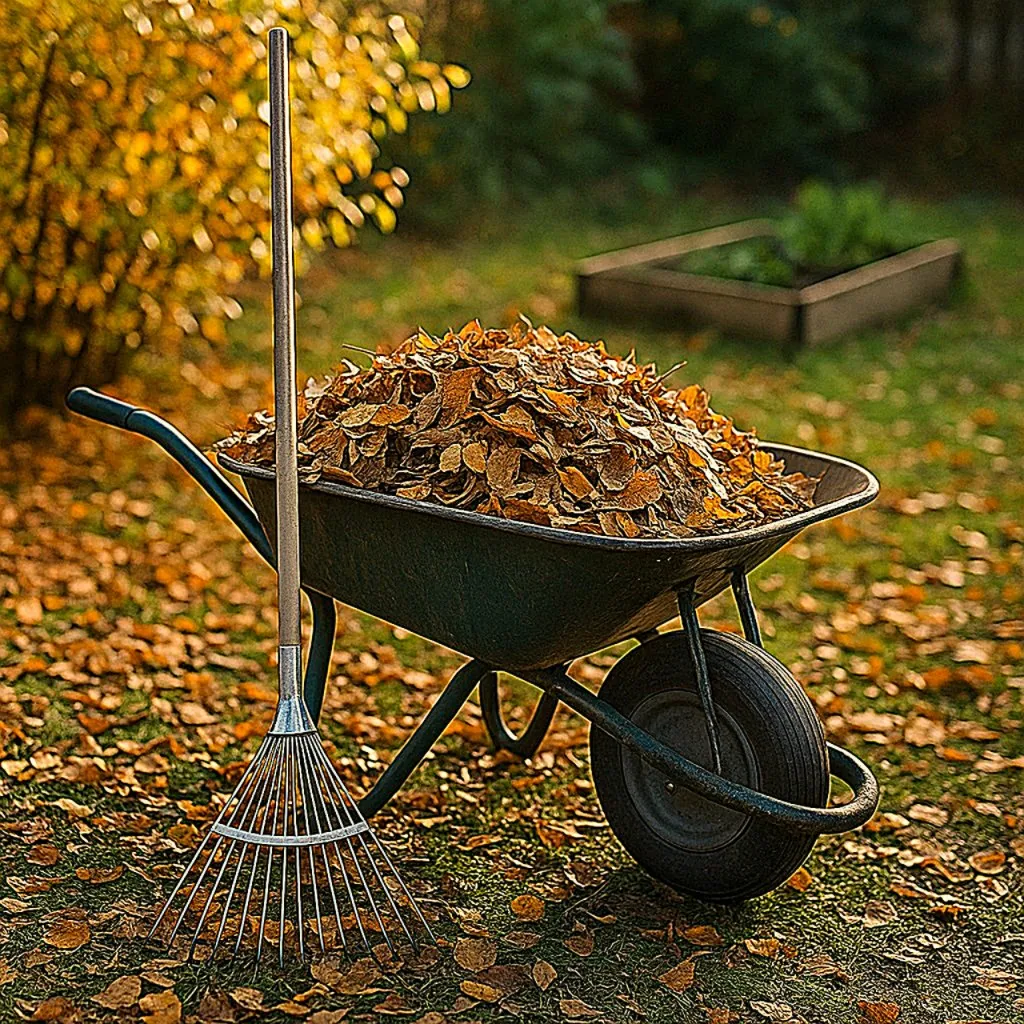 wheelbarrow filled with leaves raked for compost pile