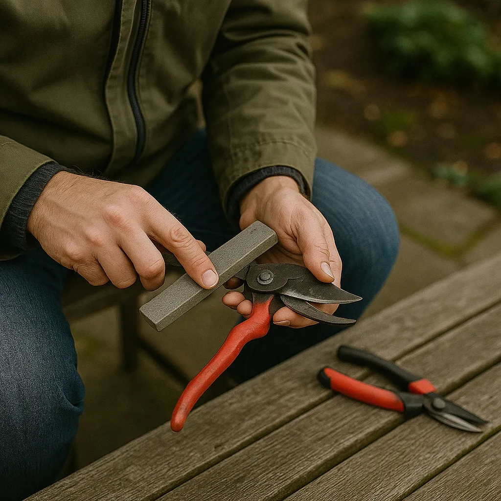 Hand sharpening pruners with a whetstone