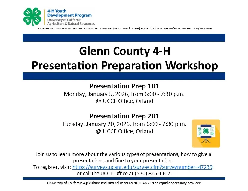 Glenn County 4-H Presentation Prep 101 & 201 Workshop Postcard 2026