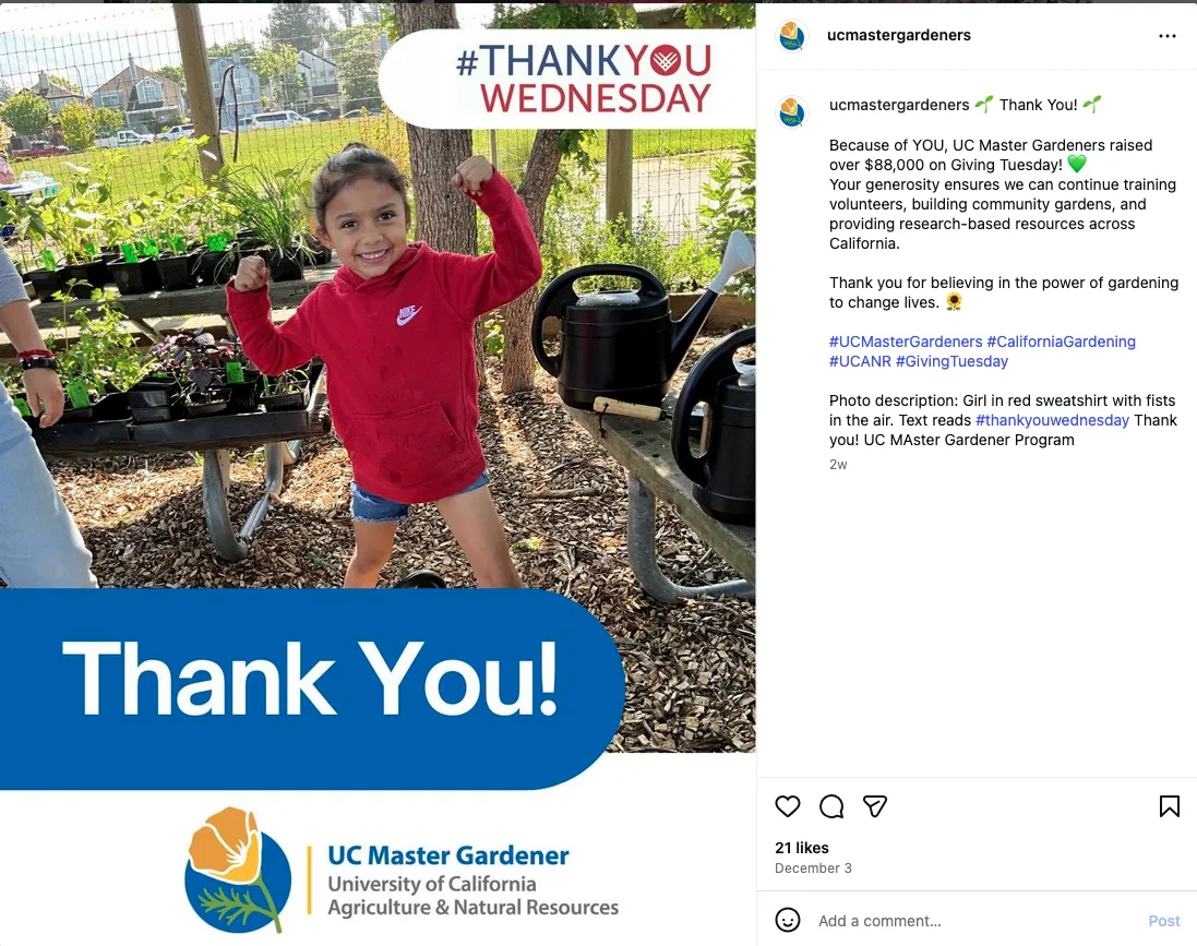 Girl in red sweatshirt with fists in the air. Text reads #thankyouwednesday Thank you! UC Master Gardener Program