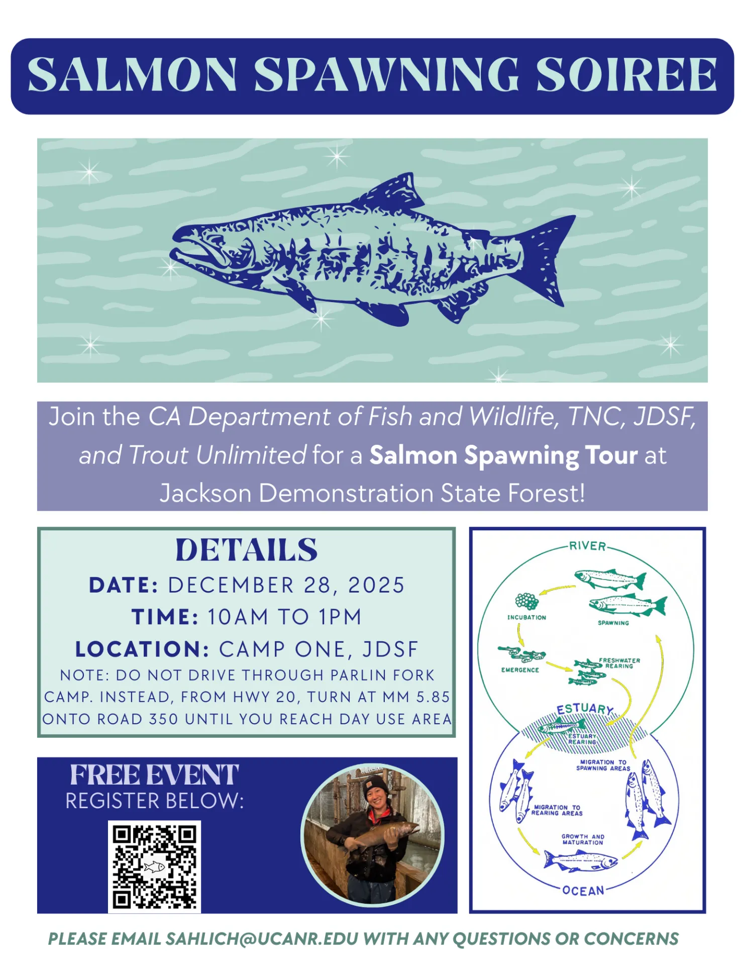 Flyer for salmon spawning tour at Camp One in JDSF on 12/28 from 10am-1pm