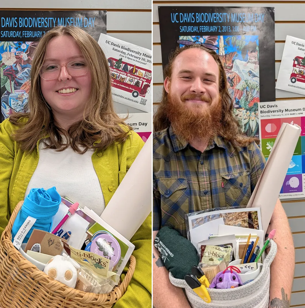 Haylie Wilcox and Christopher Mulligan holding their gift baskets.