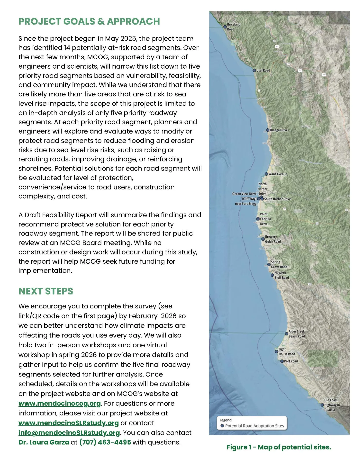 Informational graphic showing a map of coastal Northern California with potential road adaptation sites marked. Text details project goals with a focus on addressing sea level rise and road vulnerability. Includes sections "Project Goals & Approach" and "Next Steps," encouraging survey participation and community input.